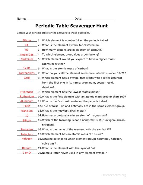 periodic table scavenger hunt worksheet answer key